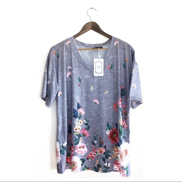 Couer DE Vague France NWT Grey VNeck Floral Top XL - Picture 3 of 7